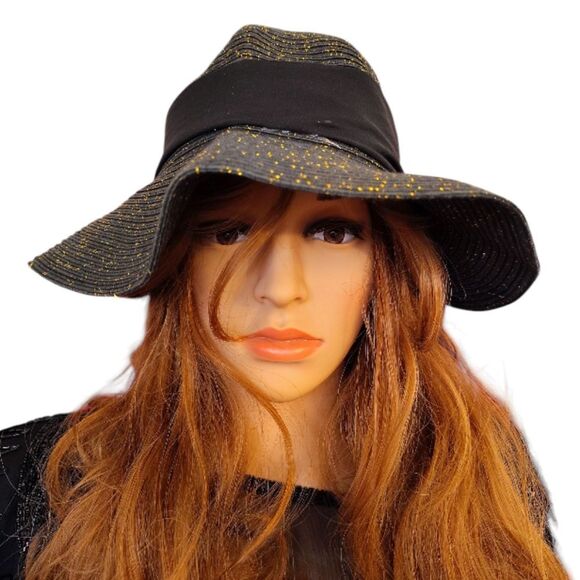 Black Gold Metallic Weaved Wide Brim Straw Sun Hat With Black Ribbon - Picture 4 of 8